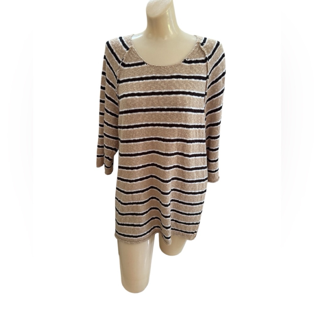 Lulu B Women’s Knitted Tunic Top XL Brown Striped 3/4 Sleeves 100% Cotton